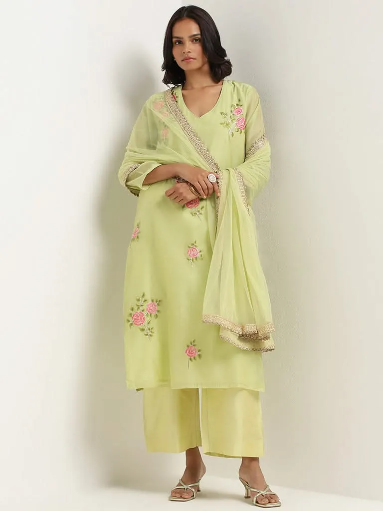 Vark Green Printed Cotton Blend Kurta with Palazzos and Dupatta