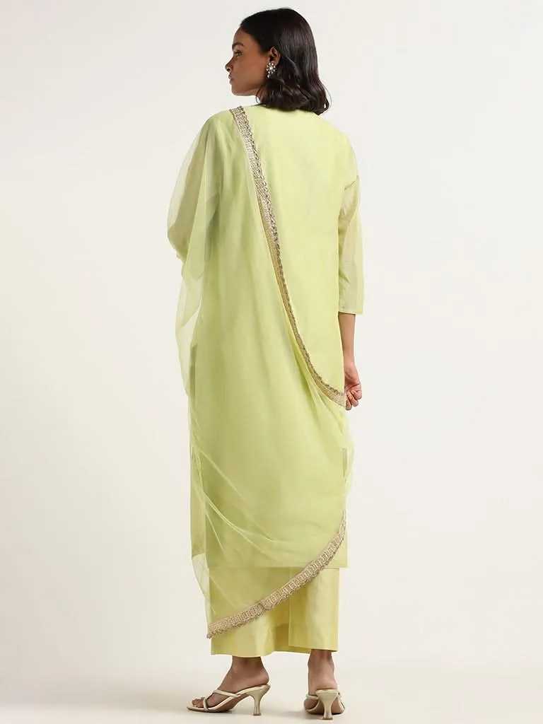 Vark Green Printed Cotton Blend Kurta with Palazzos and Dupatta