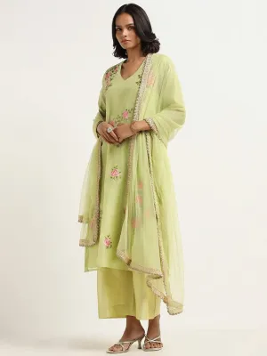 Vark Green Printed Cotton Blend Kurta with Palazzos and Dupatta