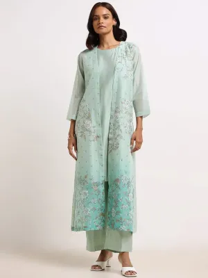 Vark Turquoise Floral Kurta, Pants with Jacket Set