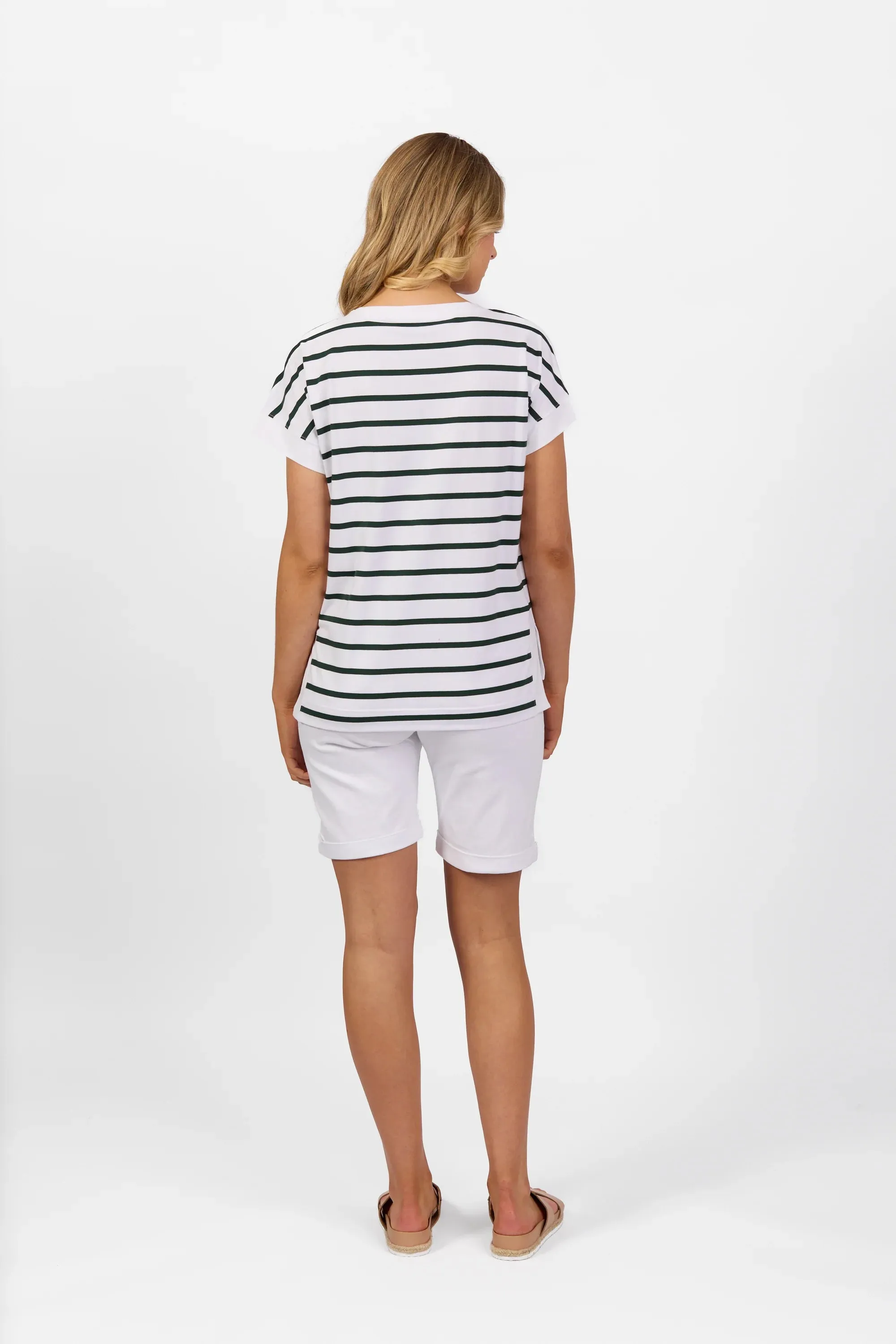 Vassalli Drop Sleeve Top White/Forest Stripe