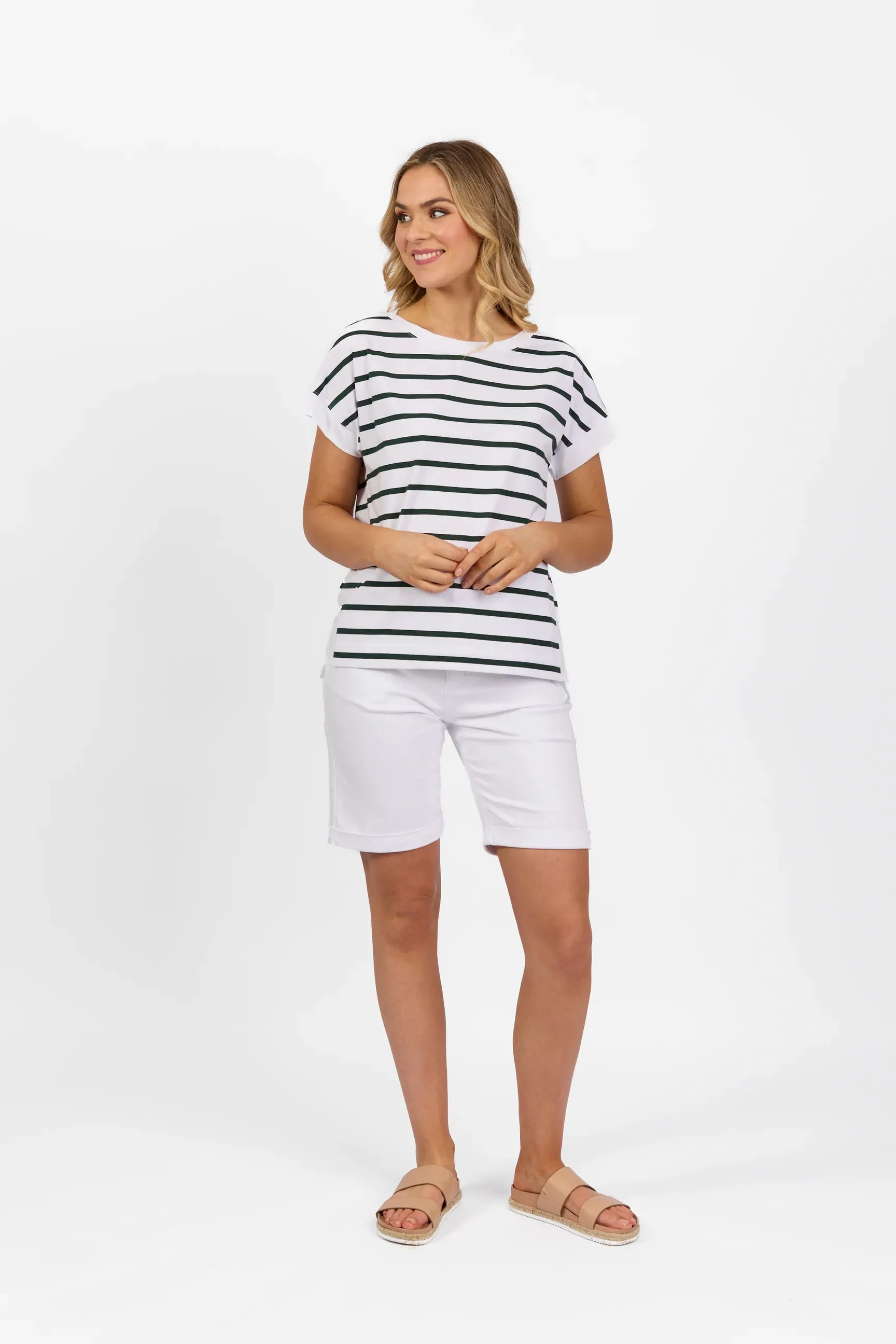 Vassalli Drop Sleeve Top White/Forest Stripe