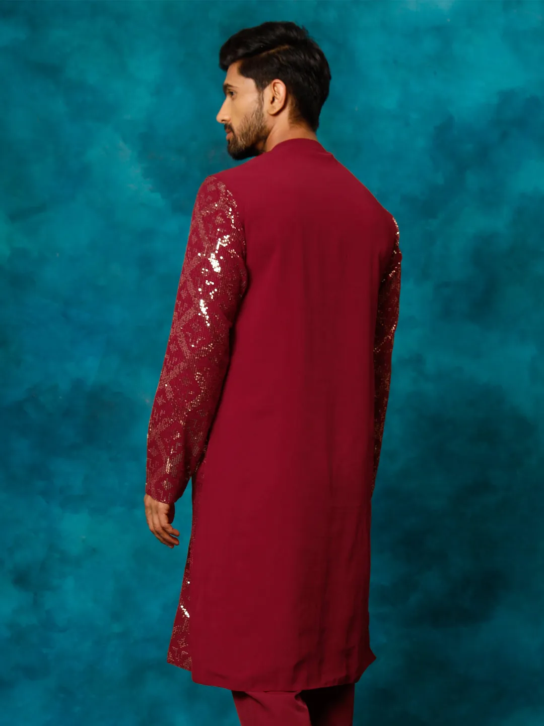 Vastramay Men's Maroon Georgette Embellished Kurta