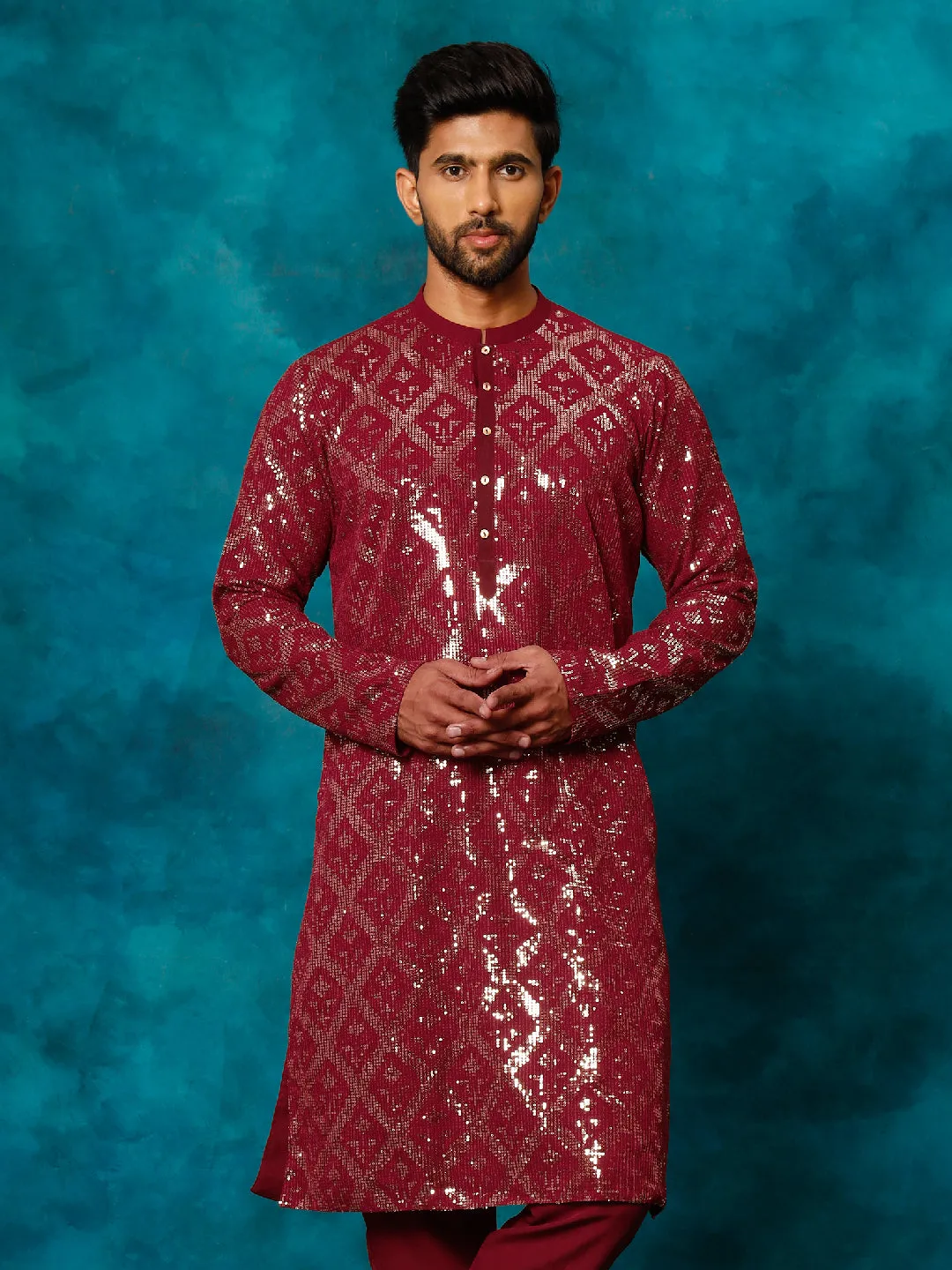 Vastramay Men's Maroon Georgette Embellished Kurta