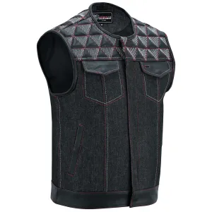 VB927RW Men's Denim & Leather Motorcycle Vest with Conceal Carry Pockets, SOA Biker Club Vest Red & White Stitching