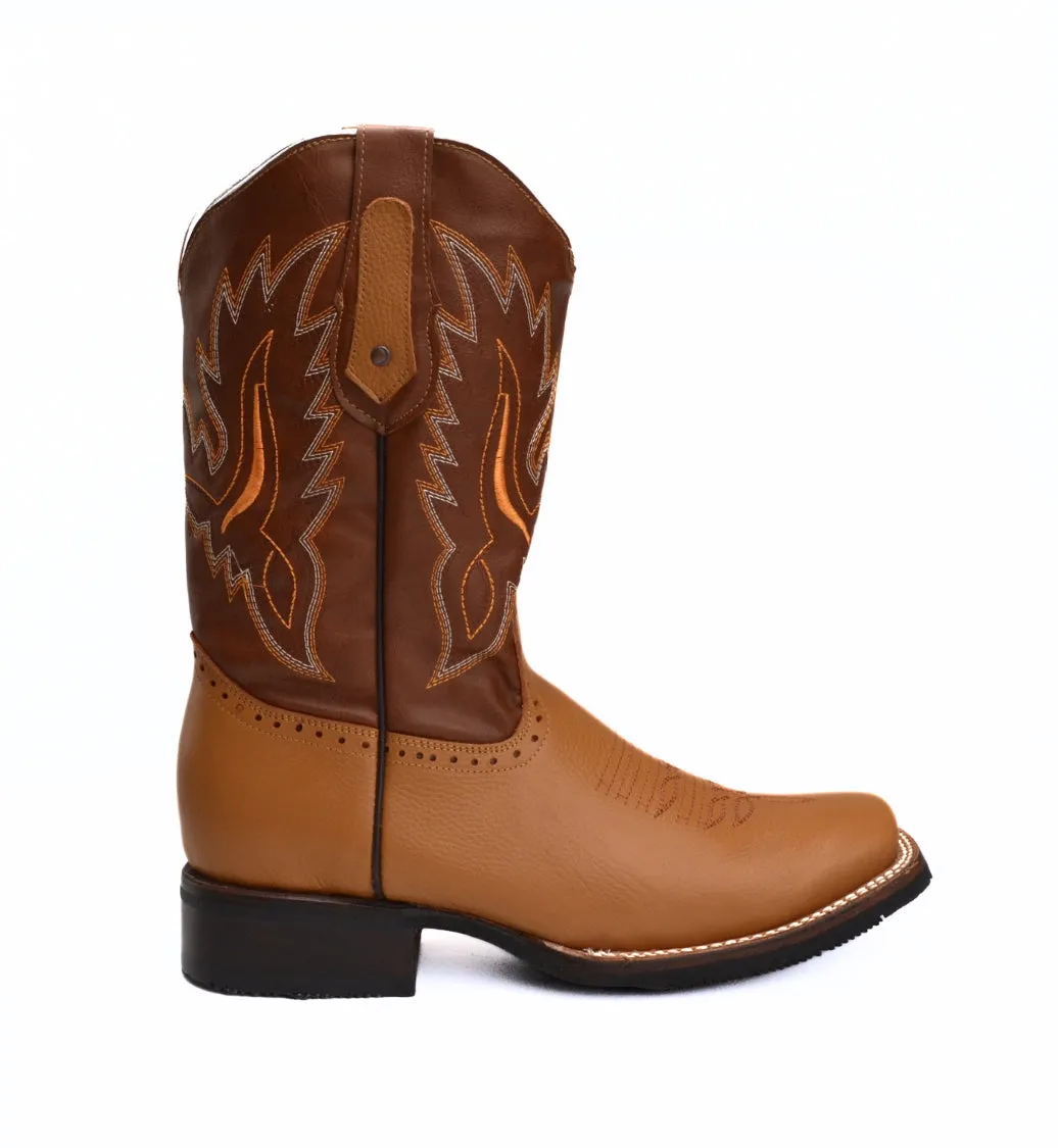 VE030 TAN Men's Western Boots: Square Toe Cowboy & Rodeo Boots in Genuine Leather