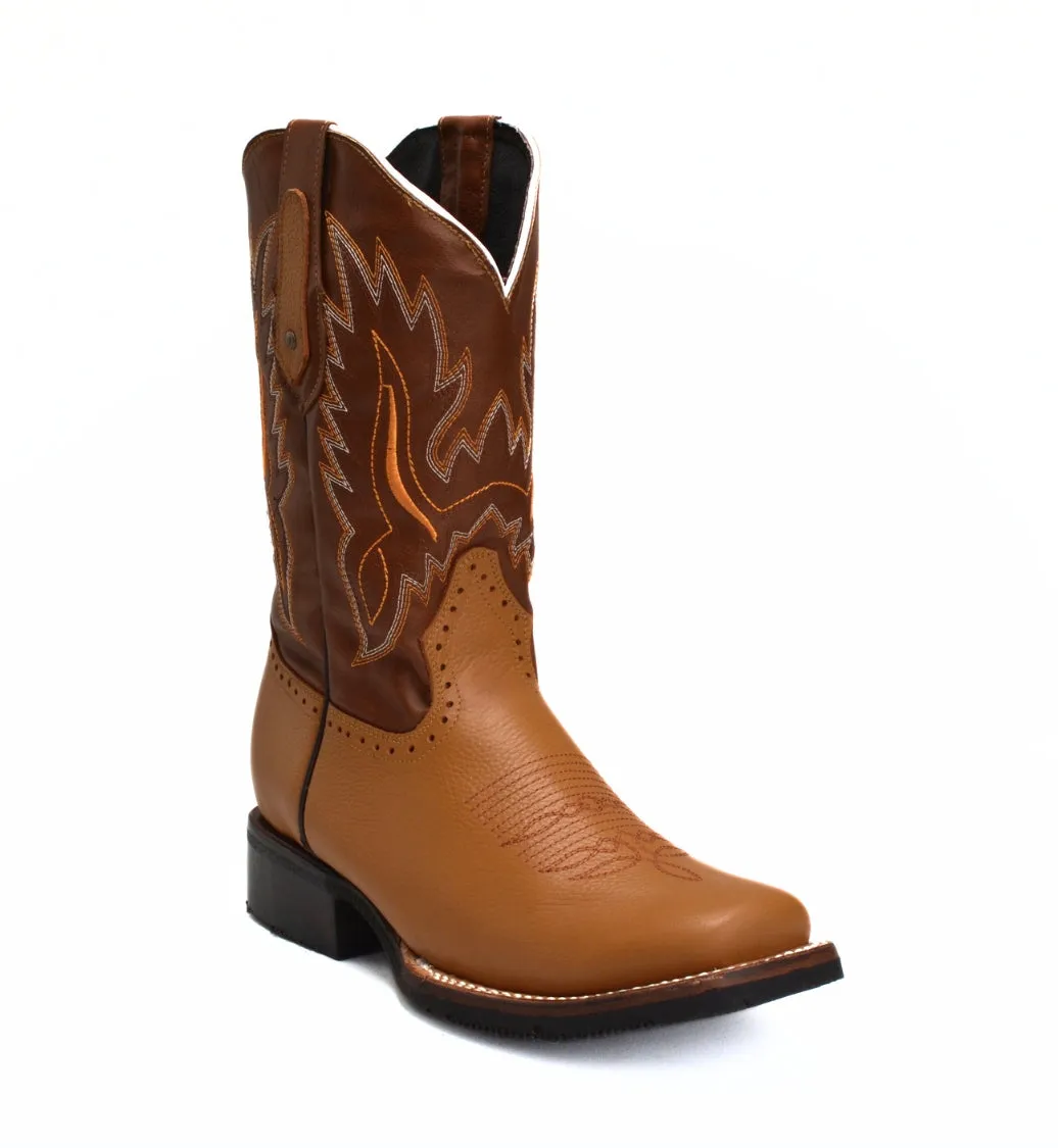 VE030 TAN Men's Western Boots: Square Toe Cowboy & Rodeo Boots in Genuine Leather