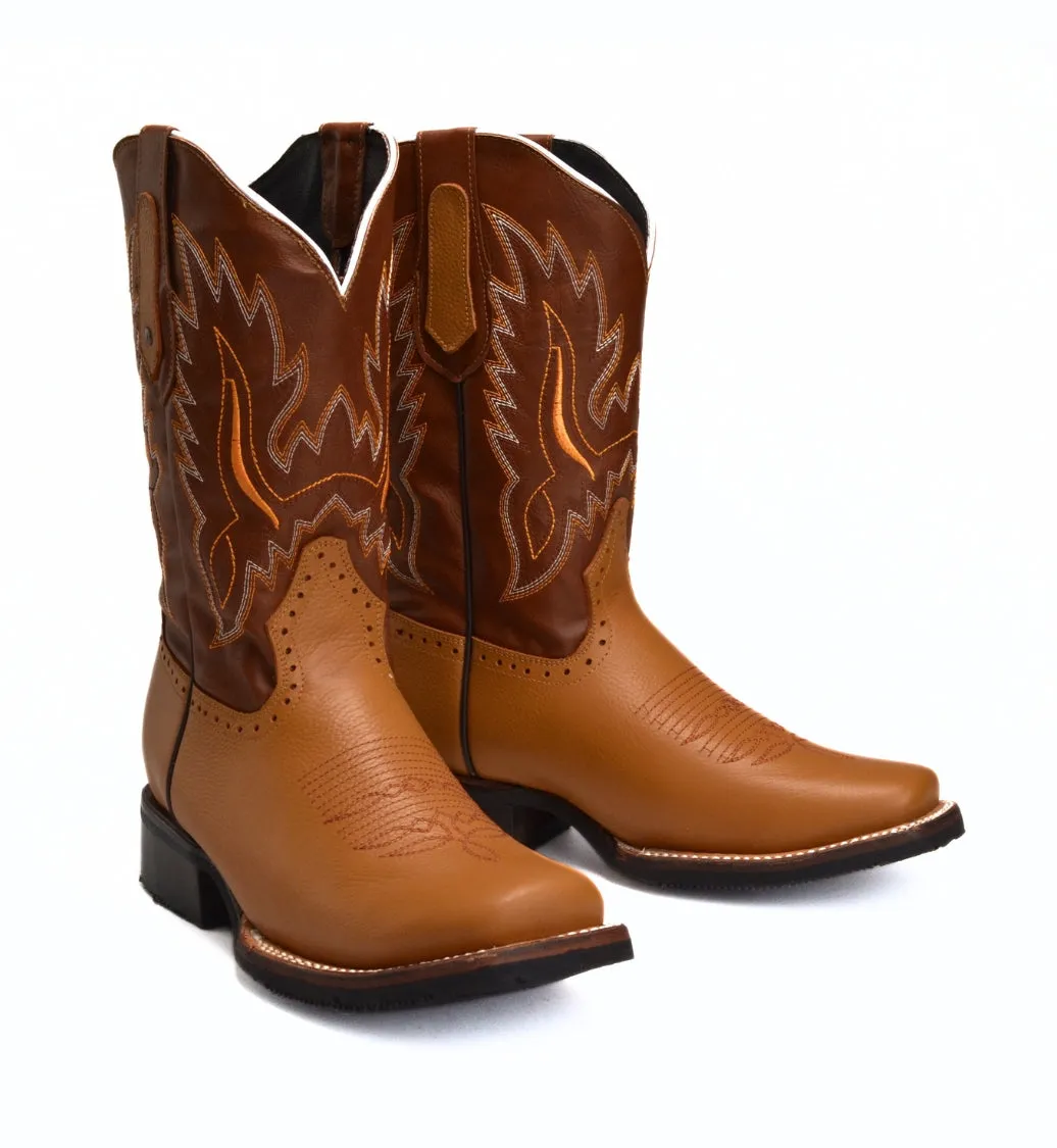 VE030 TAN Men's Western Boots: Square Toe Cowboy & Rodeo Boots in Genuine Leather