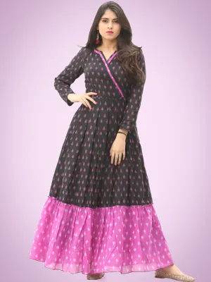 Veeda - Purple Black Handloom Silk Cotton Ikat Long Tier Dress With Gathers - D169F1855