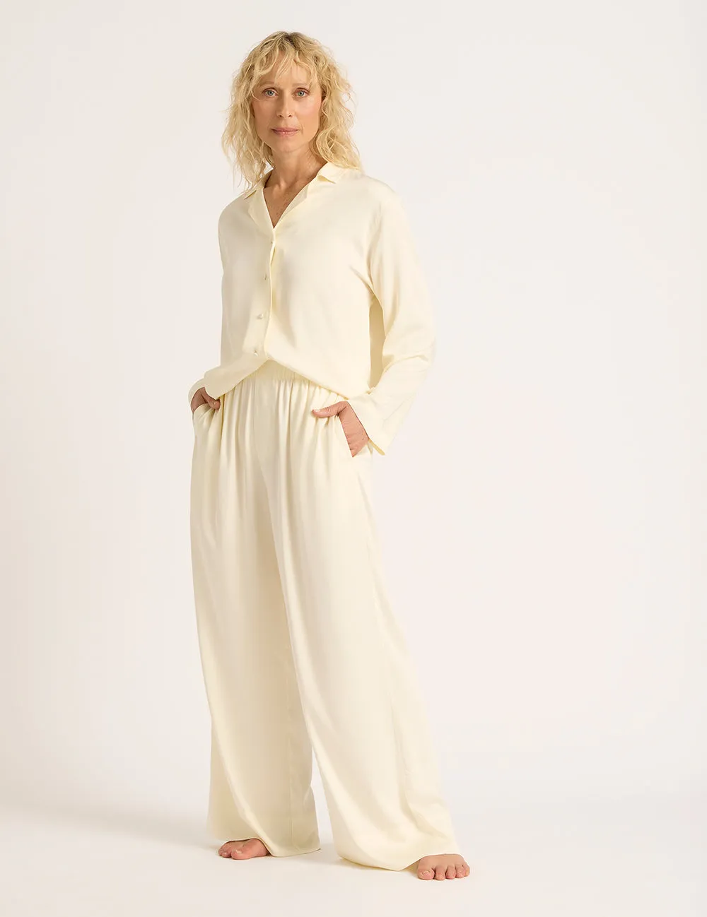 Vegan Silk Wide Leg Sleep Pant - Pearl