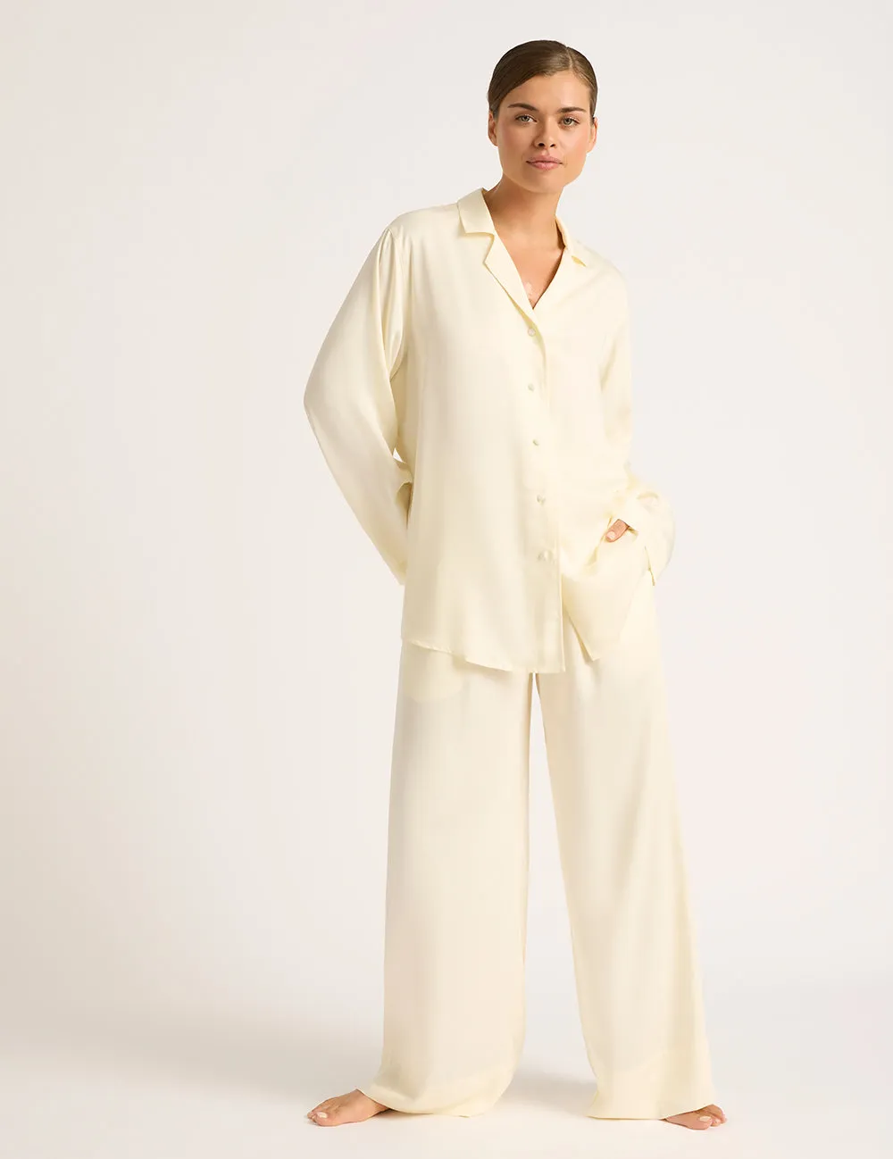 Vegan Silk Wide Leg Sleep Pant - Pearl