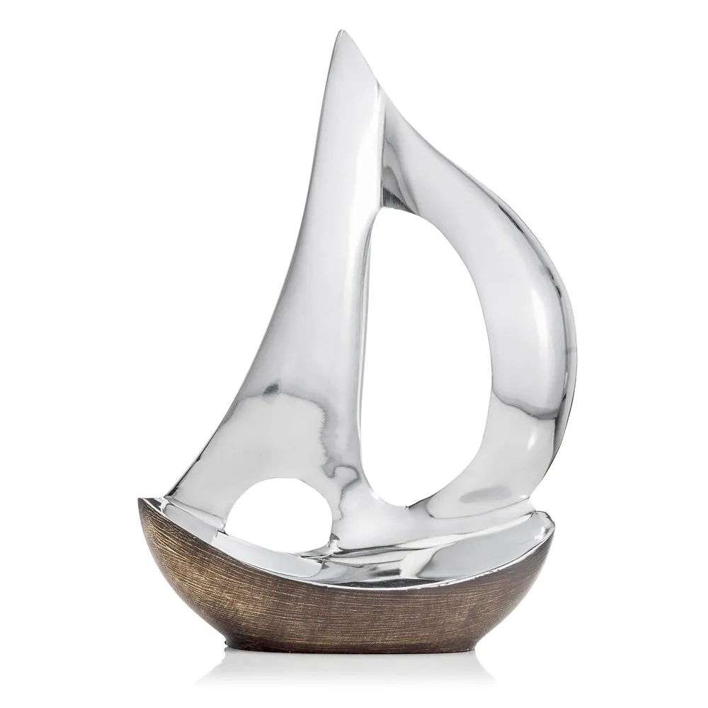 Velero Dark Hull Sailboat, Aluminum, Silver, Brown, Modern, Boat, Sculpture, Tabletop Décor, Home, Office, Water, Sail, 8" x 3" x 12"