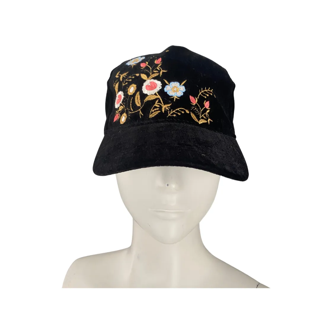 Velour Floral Embroidered Cap Black