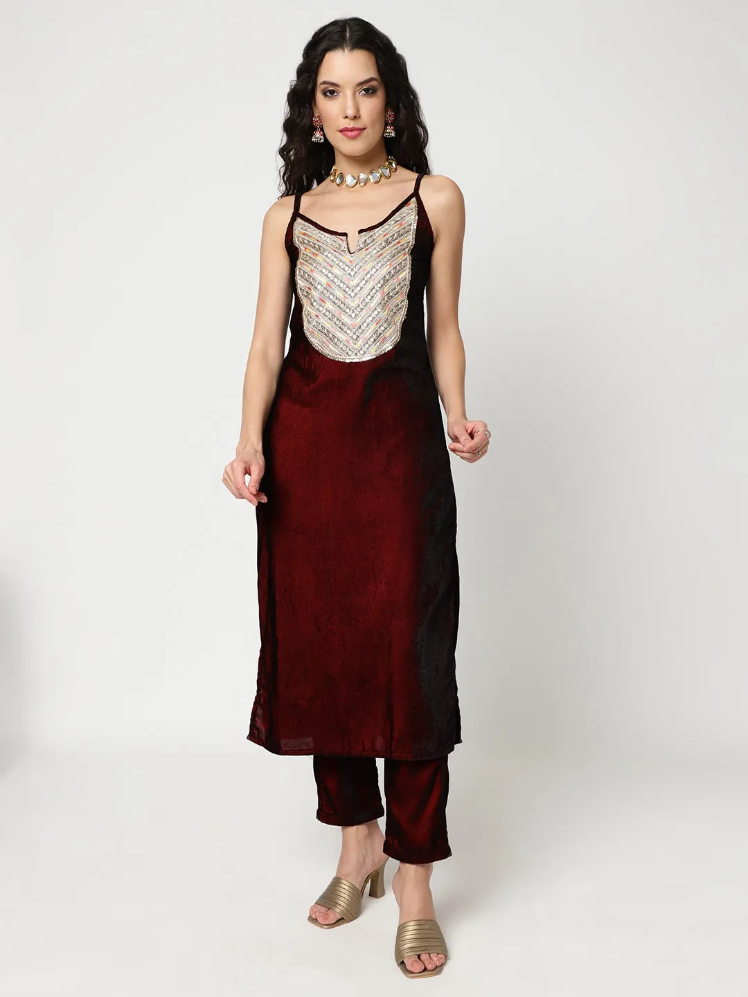 Velvet Embroidered Yoke Strappy Kurta With Straight Pant Set