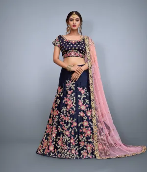 Velvet Silk Lehenga Choli Navy Blue Color With Embroidered