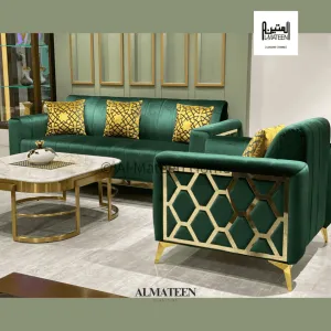 Venice Jaguar Sofa Set in Green Color with Acrylic Golden Work