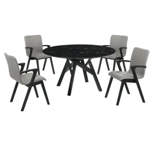 Venus And Varde - 5 Piece Round Dining Set - Black Marble