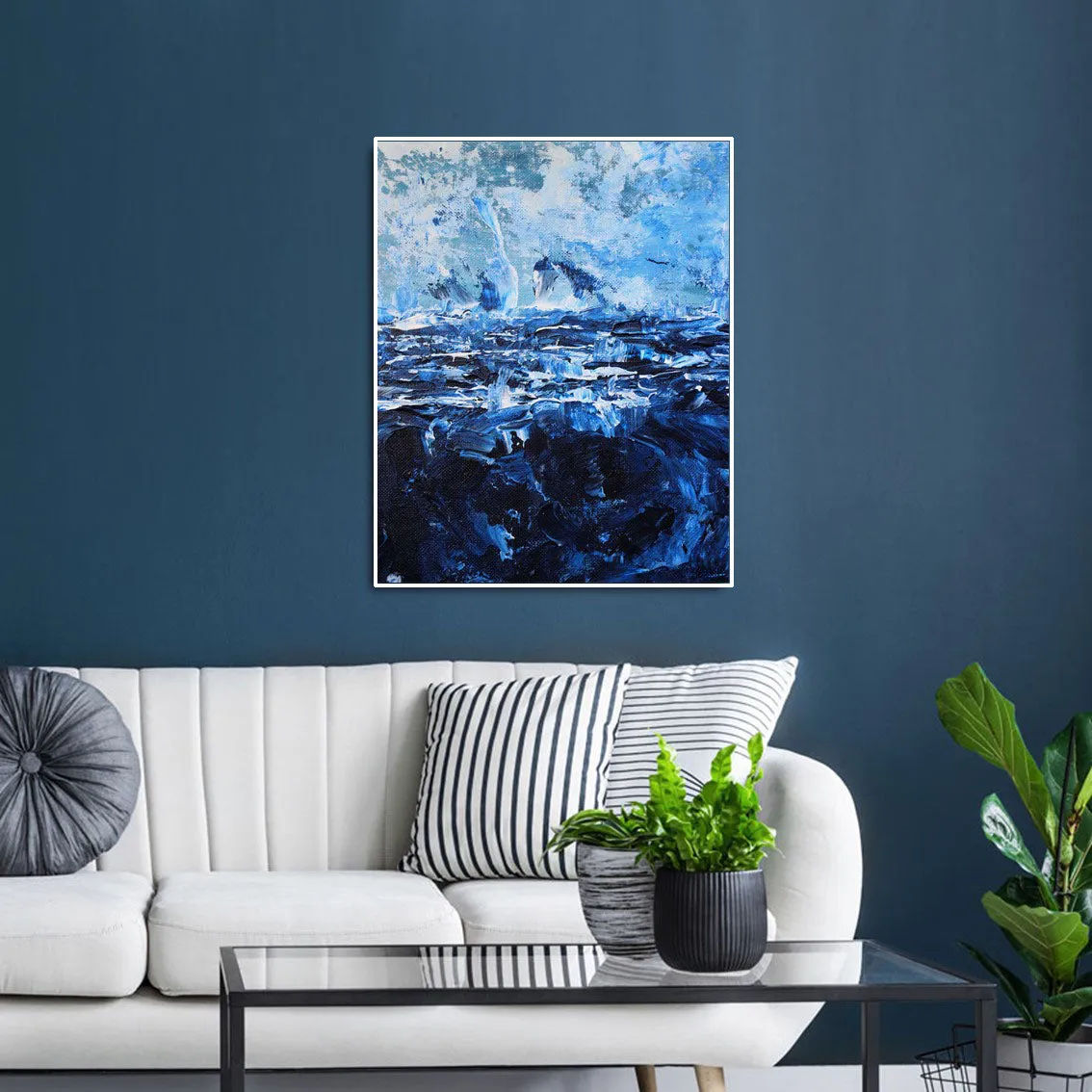 Vertical deep blue & white abstract wall art print