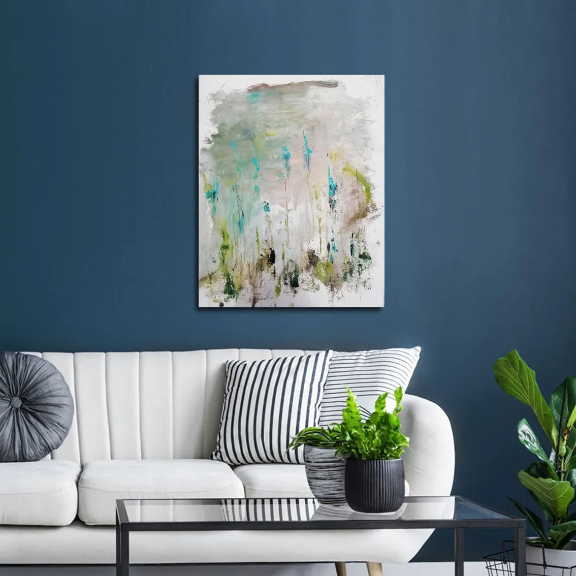 Vertical neutral & teal abstract floral wall art print