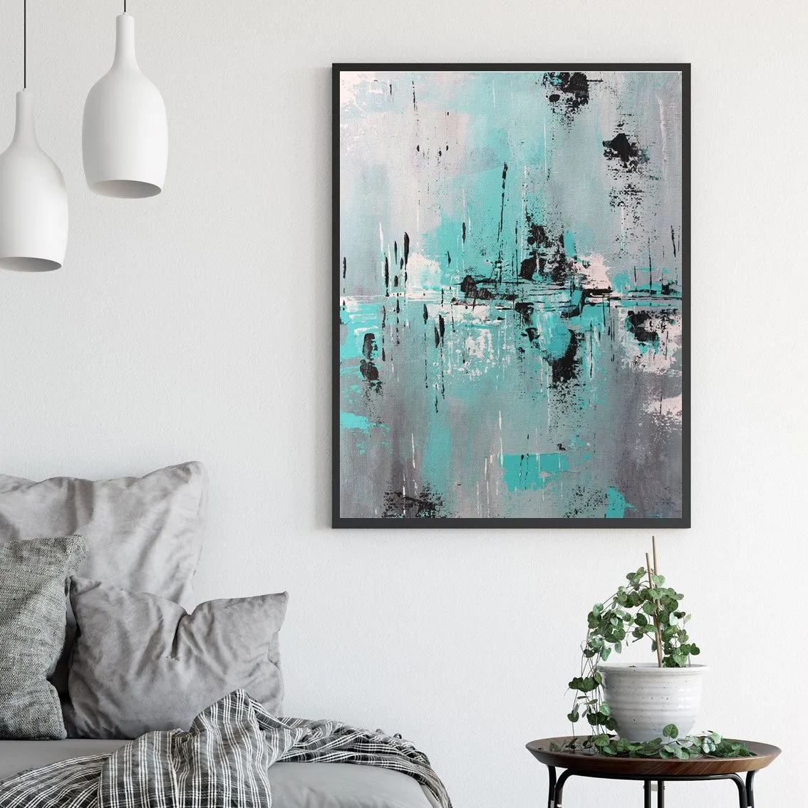 Vertical neutral & teal abstract wall art print