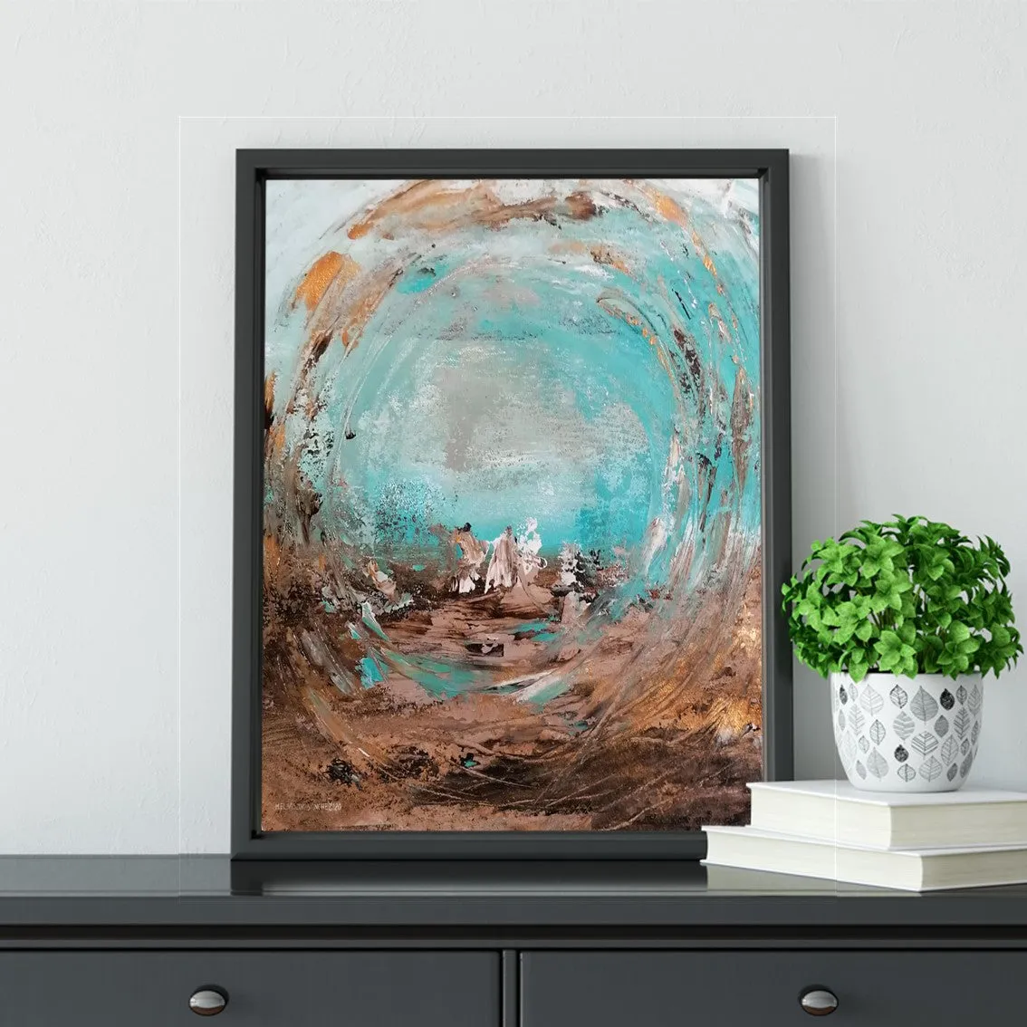 Vertical pale blue & gold abstract wall art print