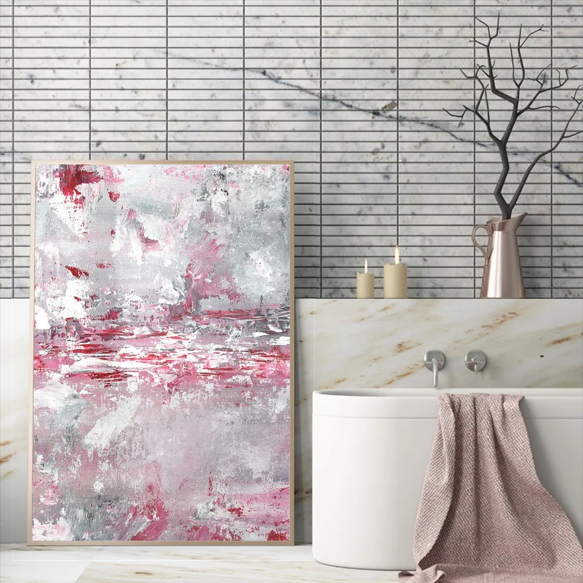 Vertical pink & white abstract wall art print