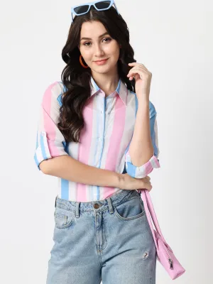 Vertical Striped Spread Collar Roll-up Sleeves Classic Casual Shirt