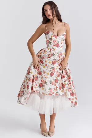 Vestido Midi Floral Modelador Com Forro em Tule Modelo Mademoiselle