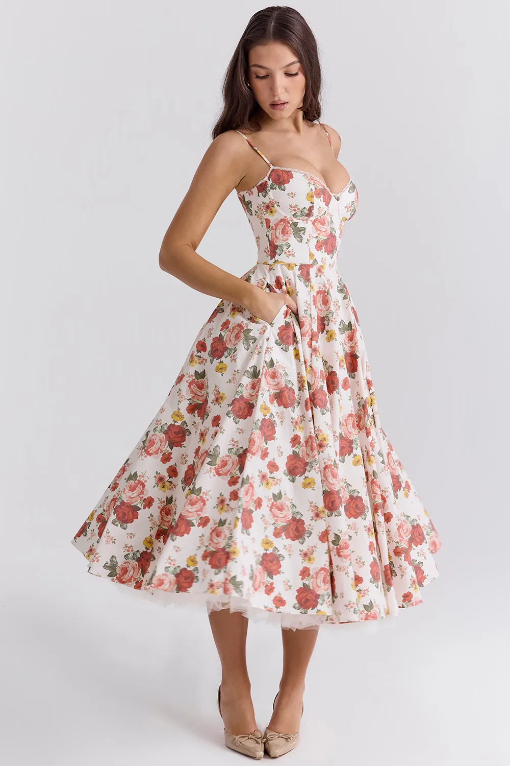 Vestido Midi Floral Modelador Com Forro em Tule Modelo Mademoiselle