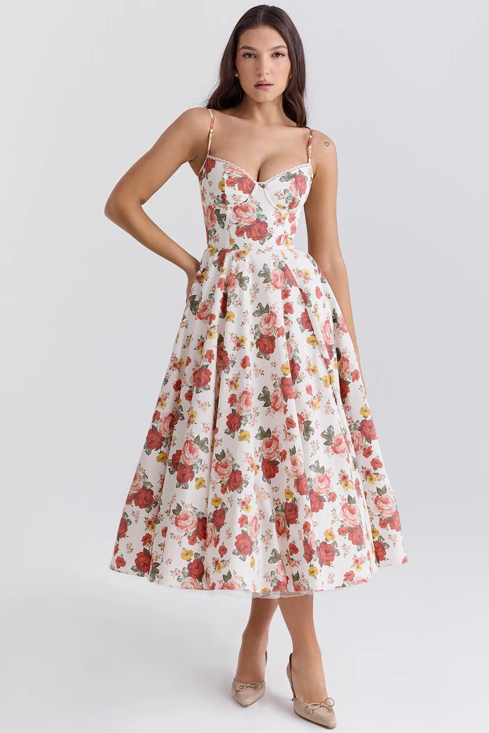 Vestido Midi Floral Modelador Com Forro em Tule Modelo Mademoiselle