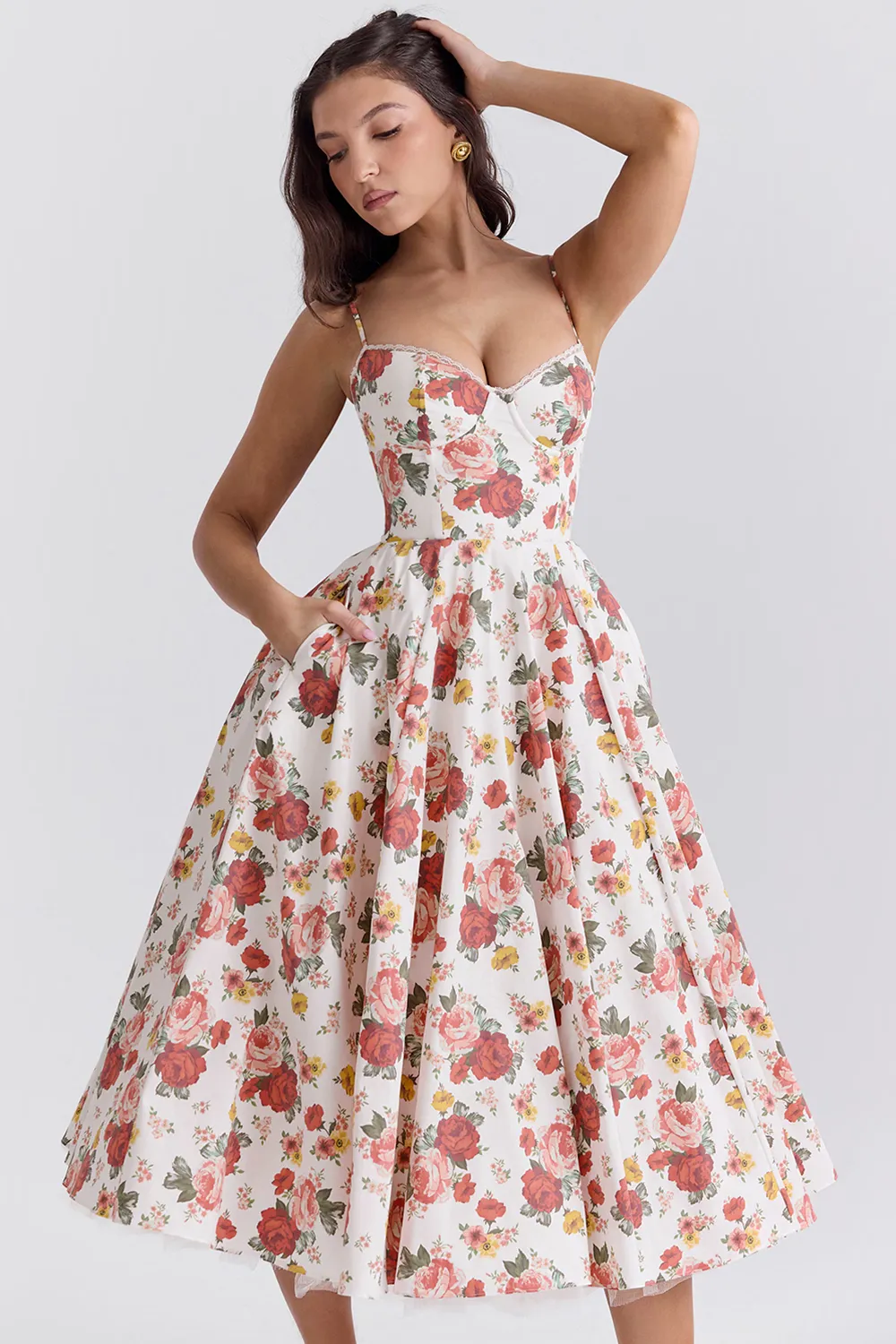 Vestido Midi Floral Modelador Com Forro em Tule Modelo Mademoiselle