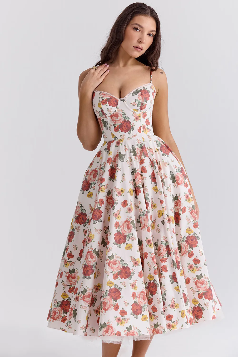 Vestido Midi Floral Modelador Com Forro em Tule Modelo Mademoiselle