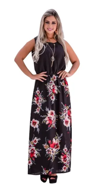 Vestido Midi Longo Estampado   Colar