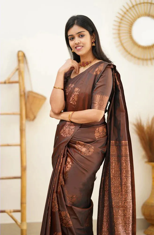 Vestigial Brown Soft Silk Saree With Confounding Blouse Piece