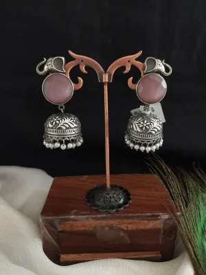 Vibrant Color Stones Oxidized Jhumki With Pearls