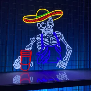 Vibrant Day of the Dead Neon Sign – Festive Skeleton with Sombrero for Themed Events and Celebrations