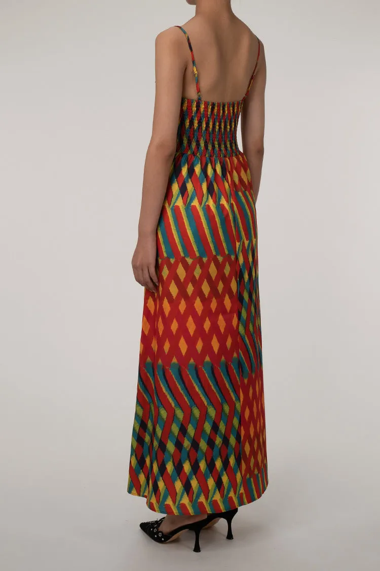 Vibrant Geometric Print Bustier Smocked Beach Vacation Maxi Sundress