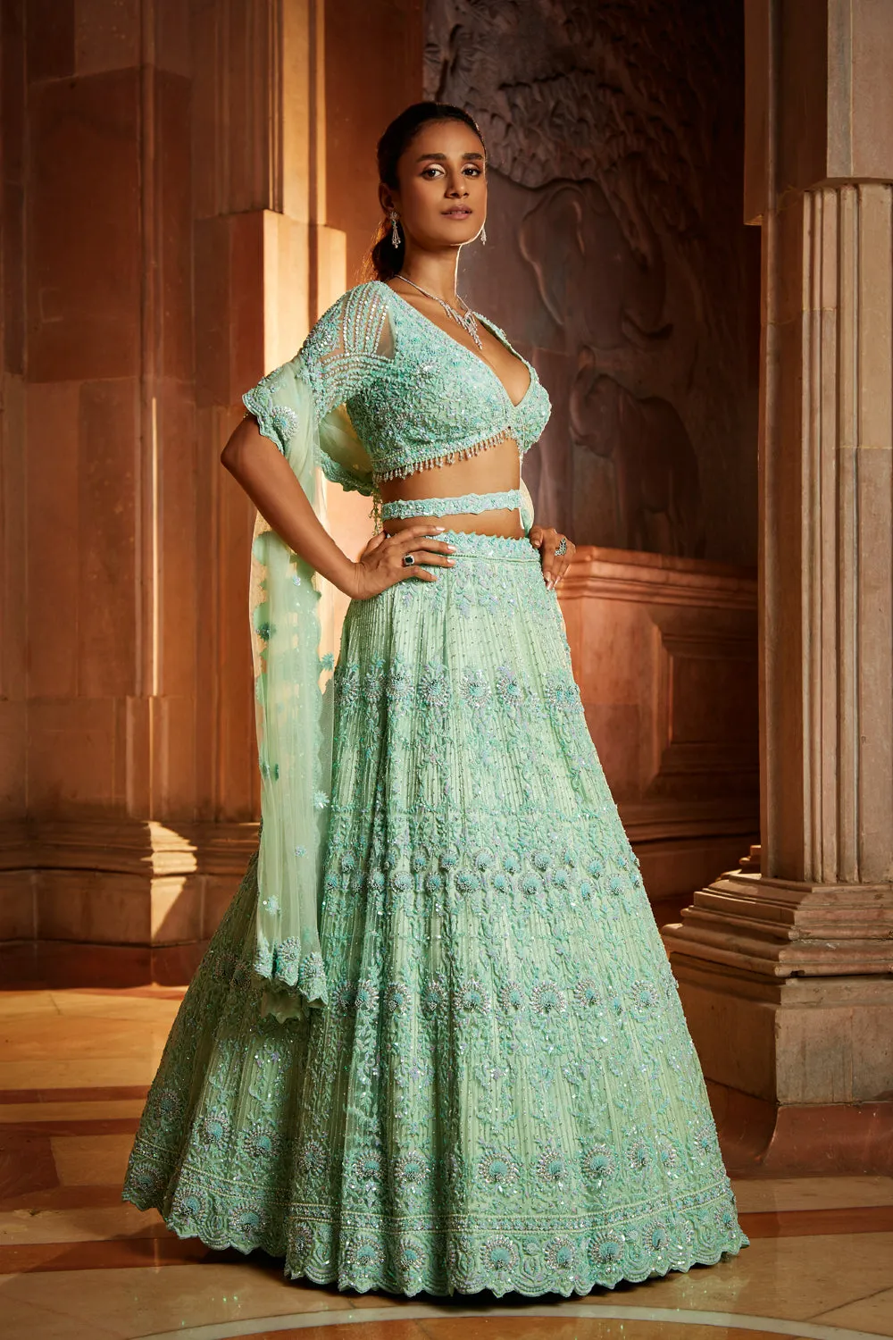 Vibrant Mint Green Tulle Lehenga Choli Dupatta with a Worked Belt