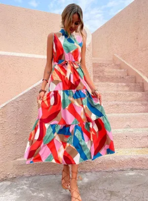 Vibrant Ruffle Detail Sleeveless Ankle-Length Summer Dress