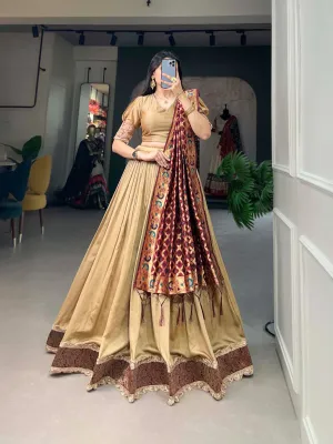 Vichitra Silk Beige Lehenga Choli Set with Jacquard Silk Dupatta