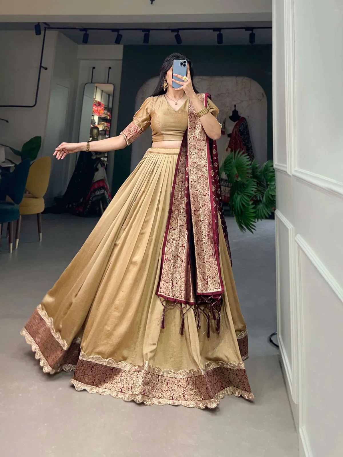 Vichitra Silk Beige Lehenga Choli Set with Jacquard Silk Dupatta