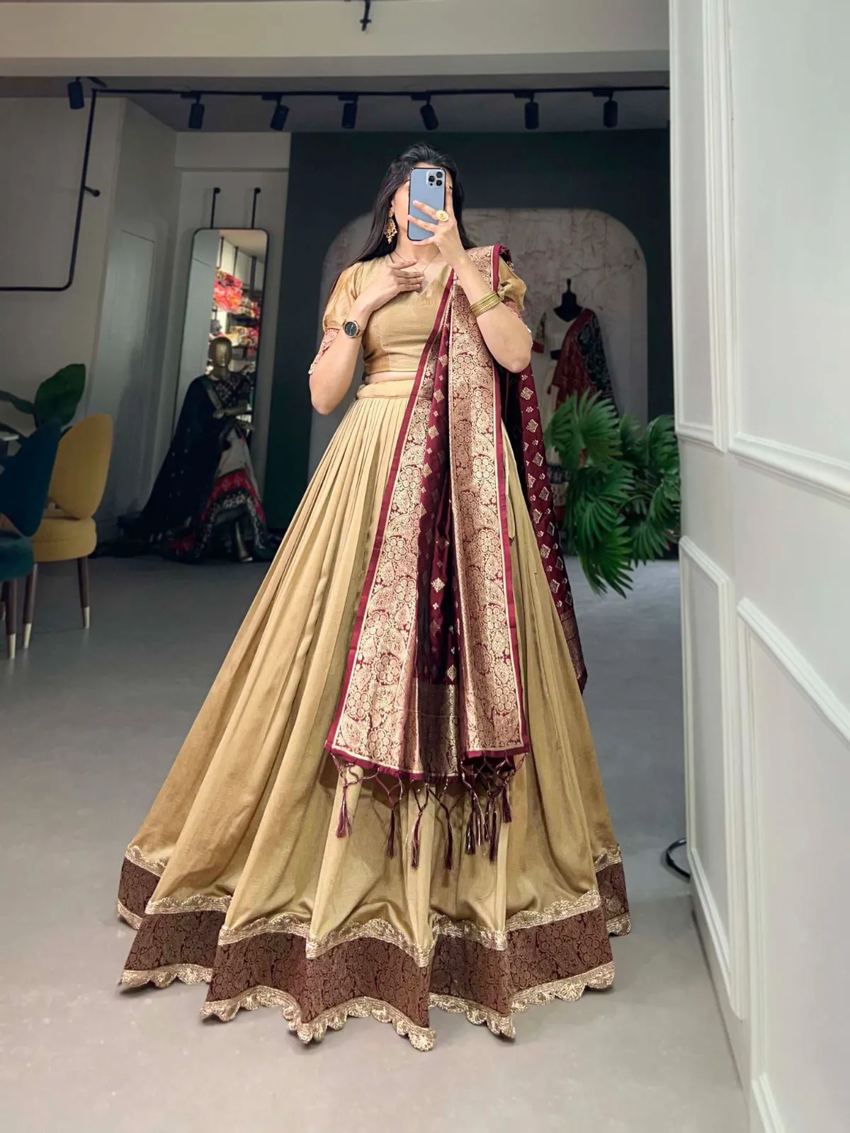 Vichitra Silk Beige Lehenga Choli Set with Jacquard Silk Dupatta