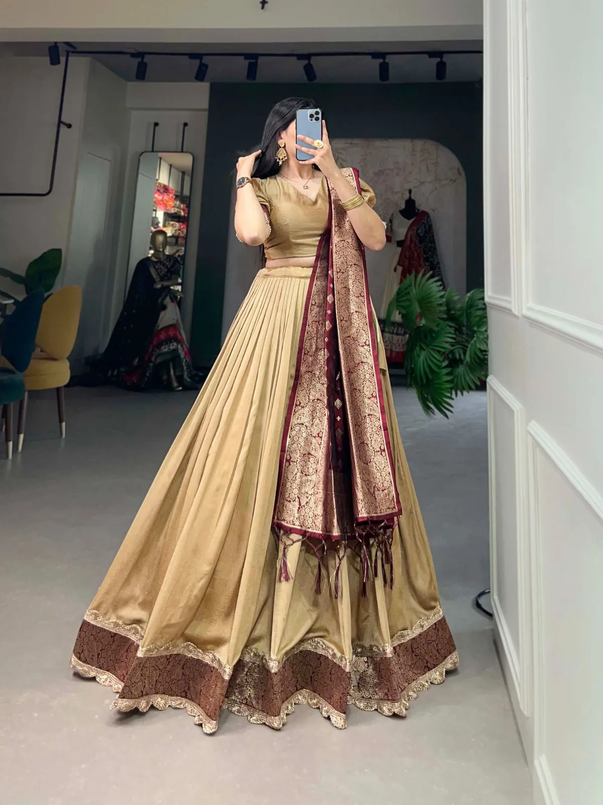 Vichitra Silk Beige Lehenga Choli Set with Jacquard Silk Dupatta