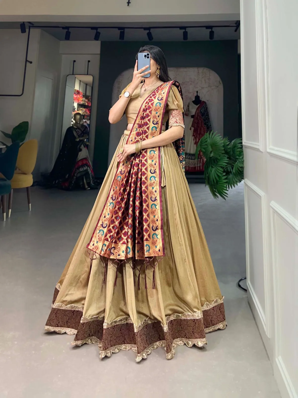 Vichitra Silk Beige Lehenga Choli Set with Jacquard Silk Dupatta