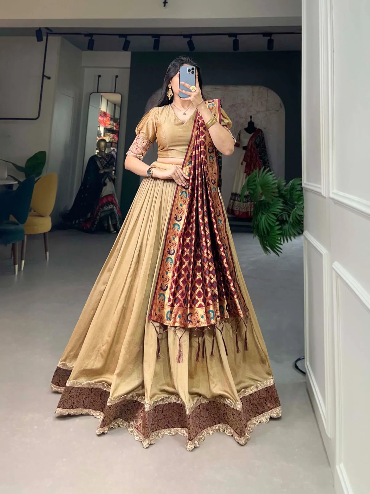 Vichitra Silk Beige Lehenga Choli Set with Jacquard Silk Dupatta