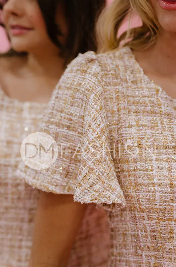 Victoria Beige Sequins Tweed Dress - DM Exclusive- FINAL SALE