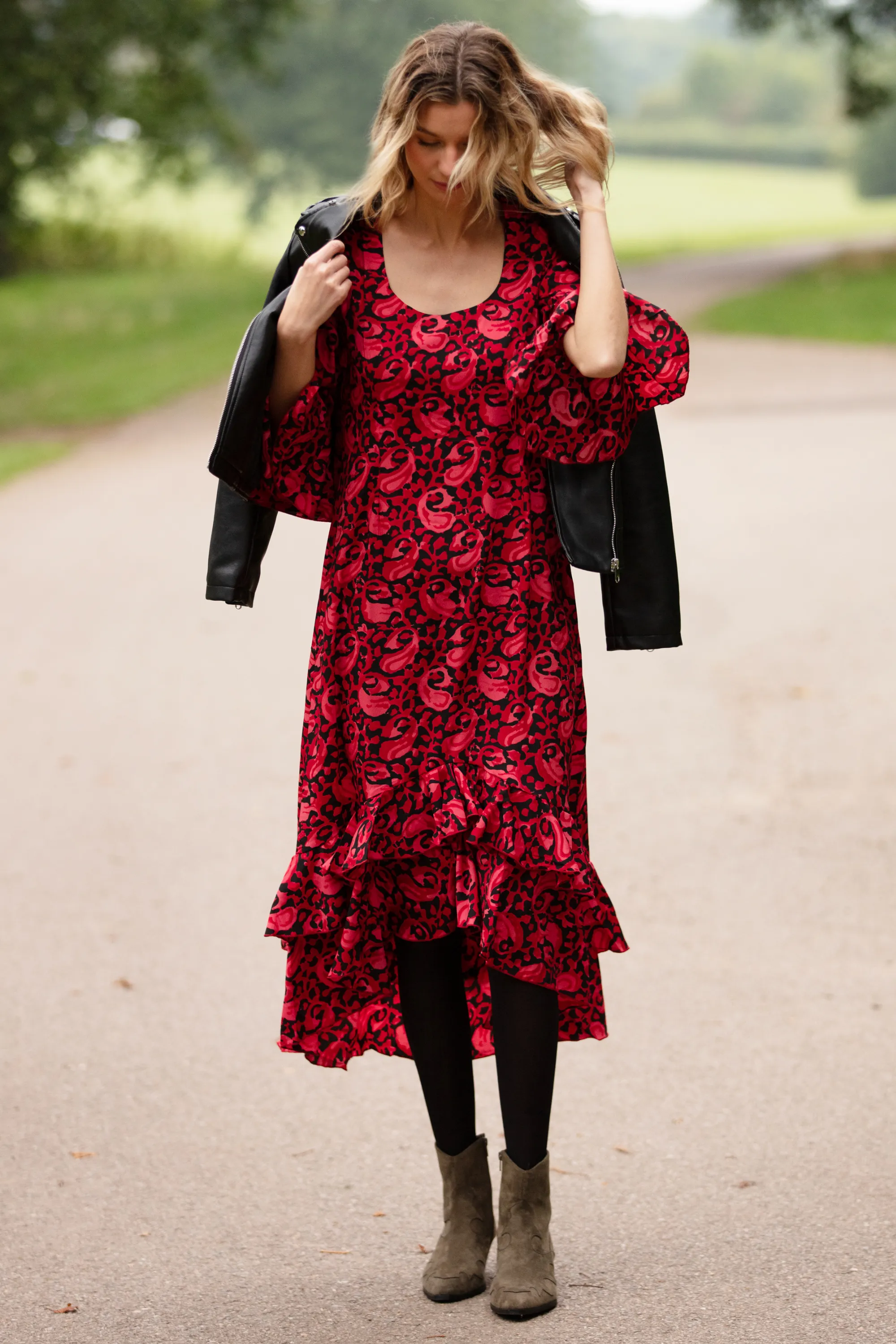 Victoria Midi Dress in Cranberry Swirl