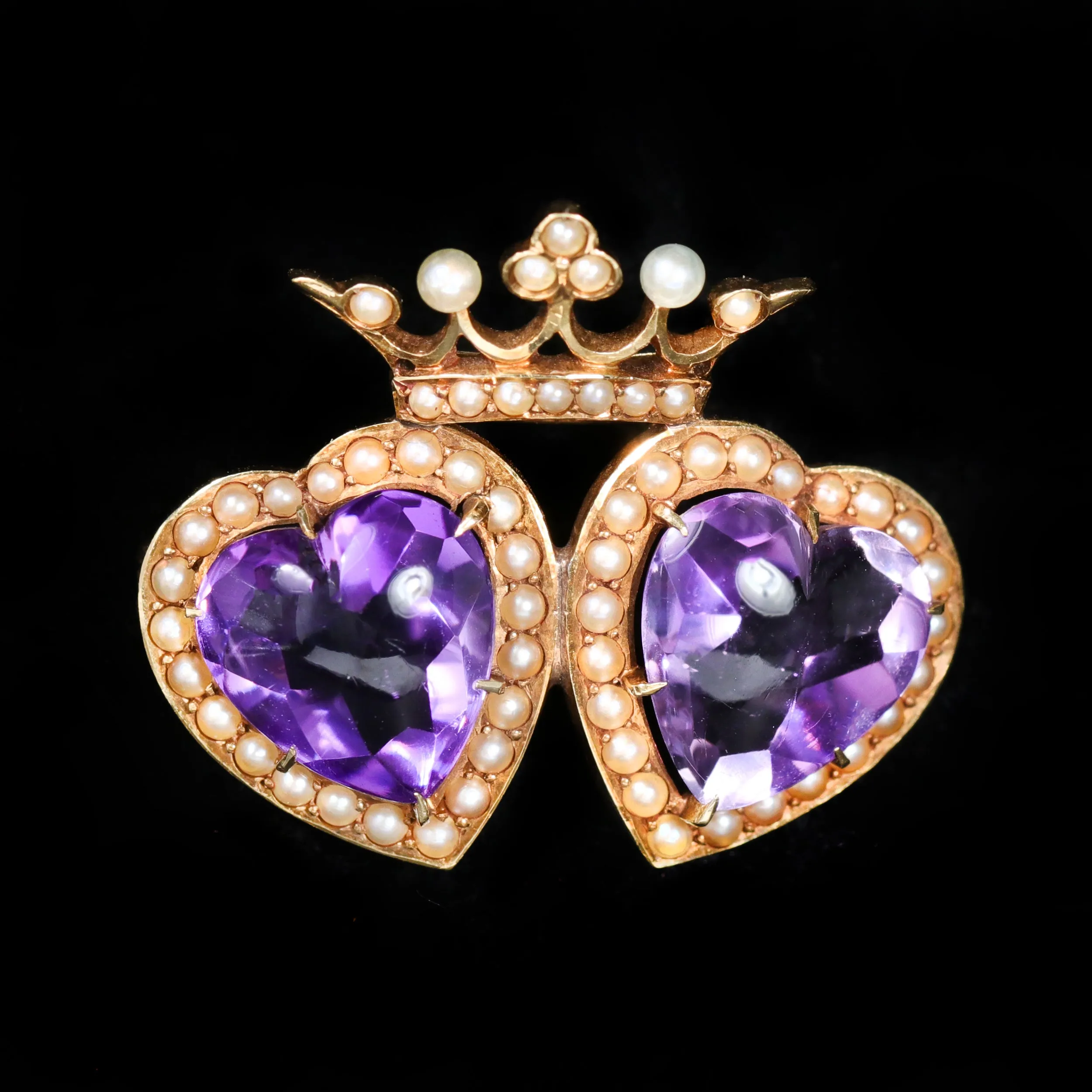 Victorian 14k Yellow Gold Amethyst and Pearl Crowned Hearts Brooch