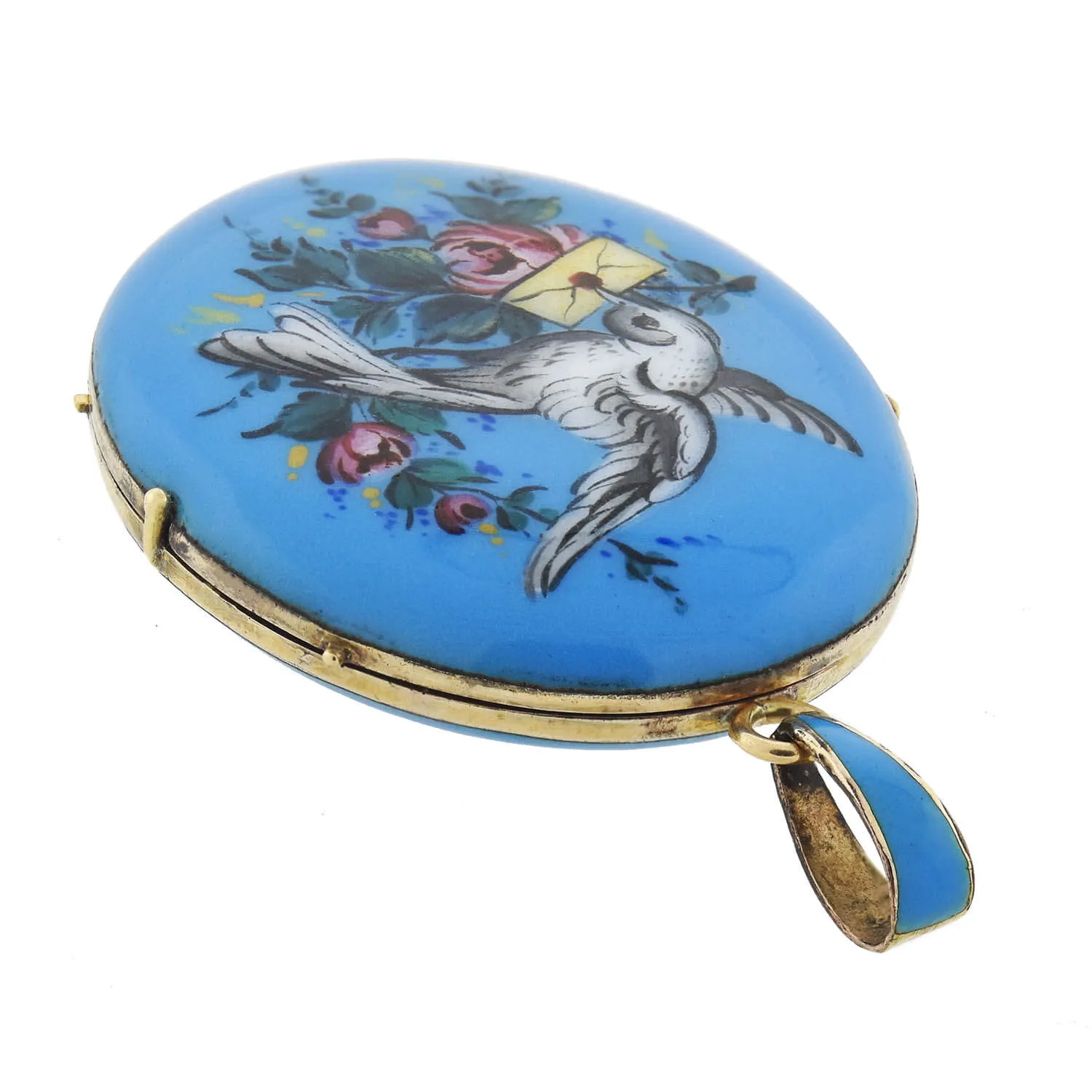 Victorian 14kt Hand Painted Enameled "Bird   Love Letter" Locket