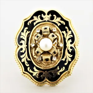 Victorian Antique-Style Diamond Pearl Enamel Gold Cocktail Ring